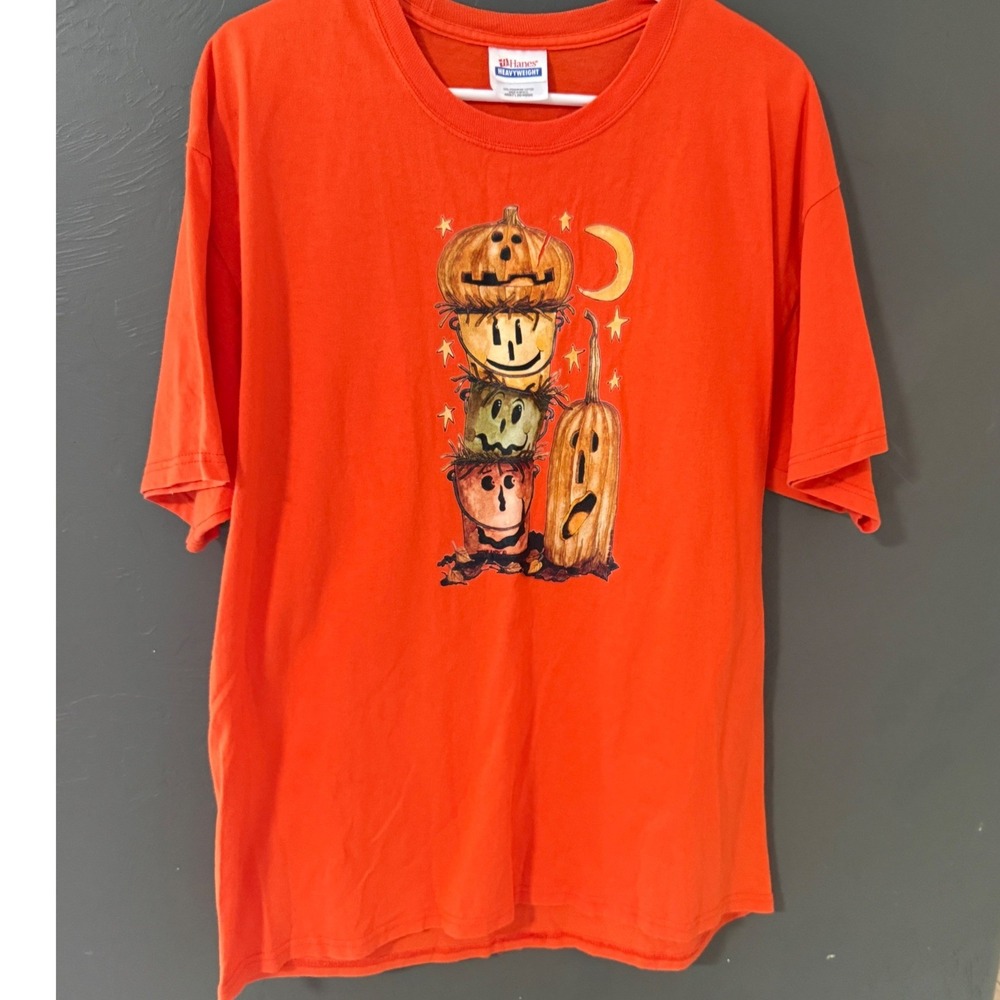 Hanes Heavyweight Vintage 90s Nostalgic Orange Halloween Pumpkin T-Shirt Large